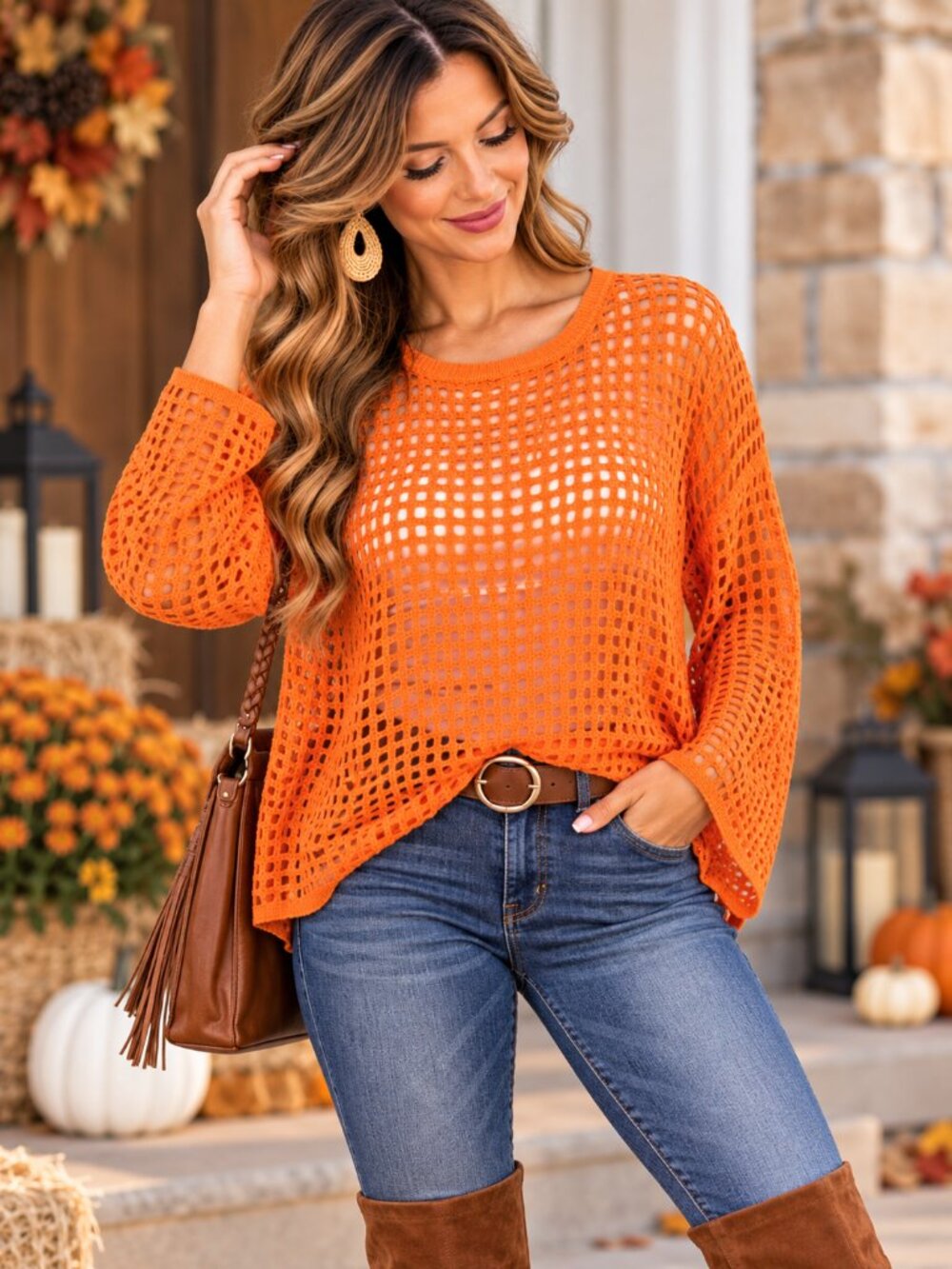 Orange Crochet Open Knit Layering Sweater Coverup Crewneck Long Bell Sleeve M
